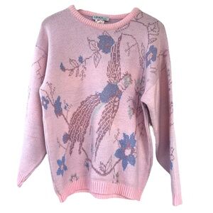 Vintage 80's Grace Light Pink Bird Flower Knit Sweater With Metallic Thread L/G